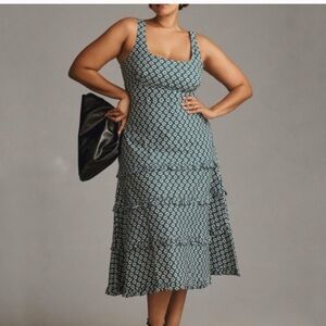 ANTHROPLOGIE- blyth square neck tiered dress midi stretch sleeveless